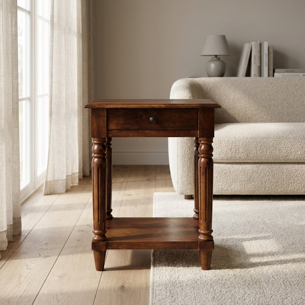 Turned Legs Chestnut 1 Drawer Side Table