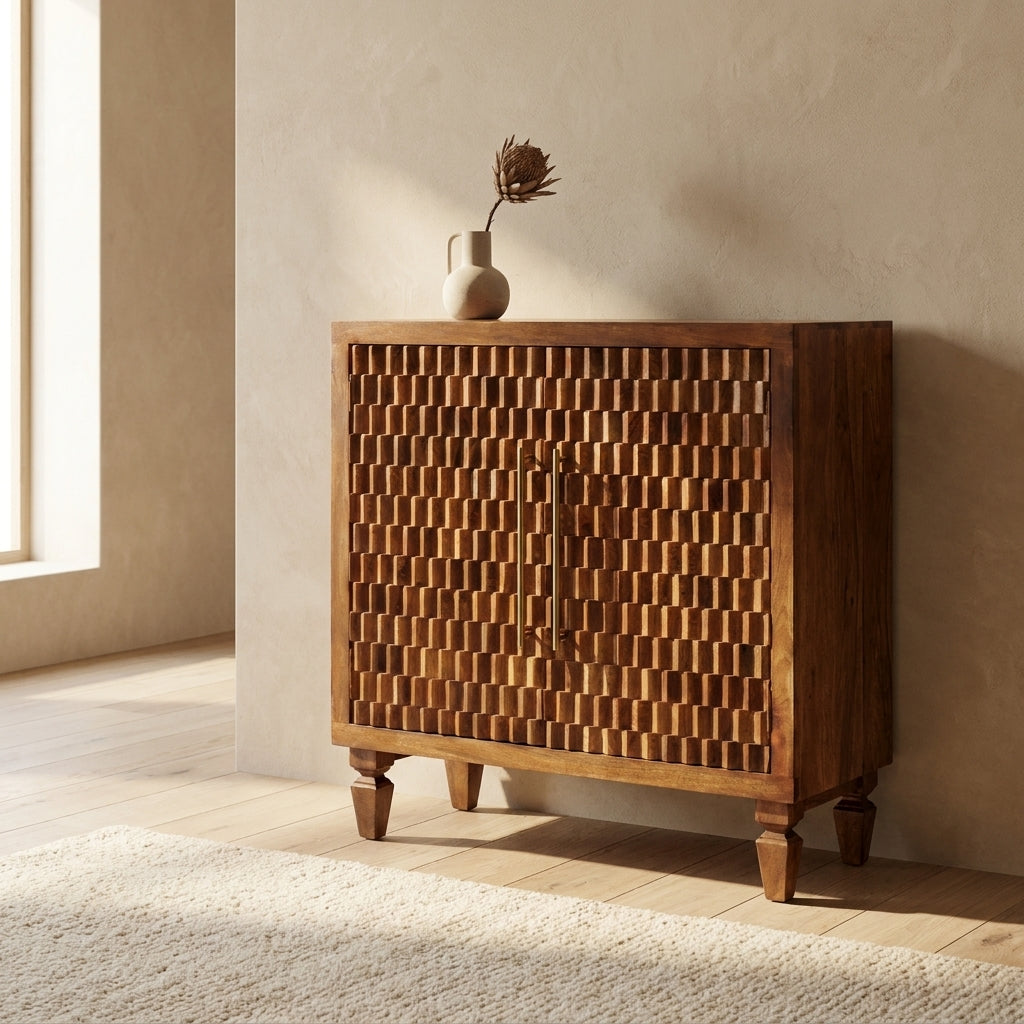 Solid Wood Chestnut Carved Cabinet