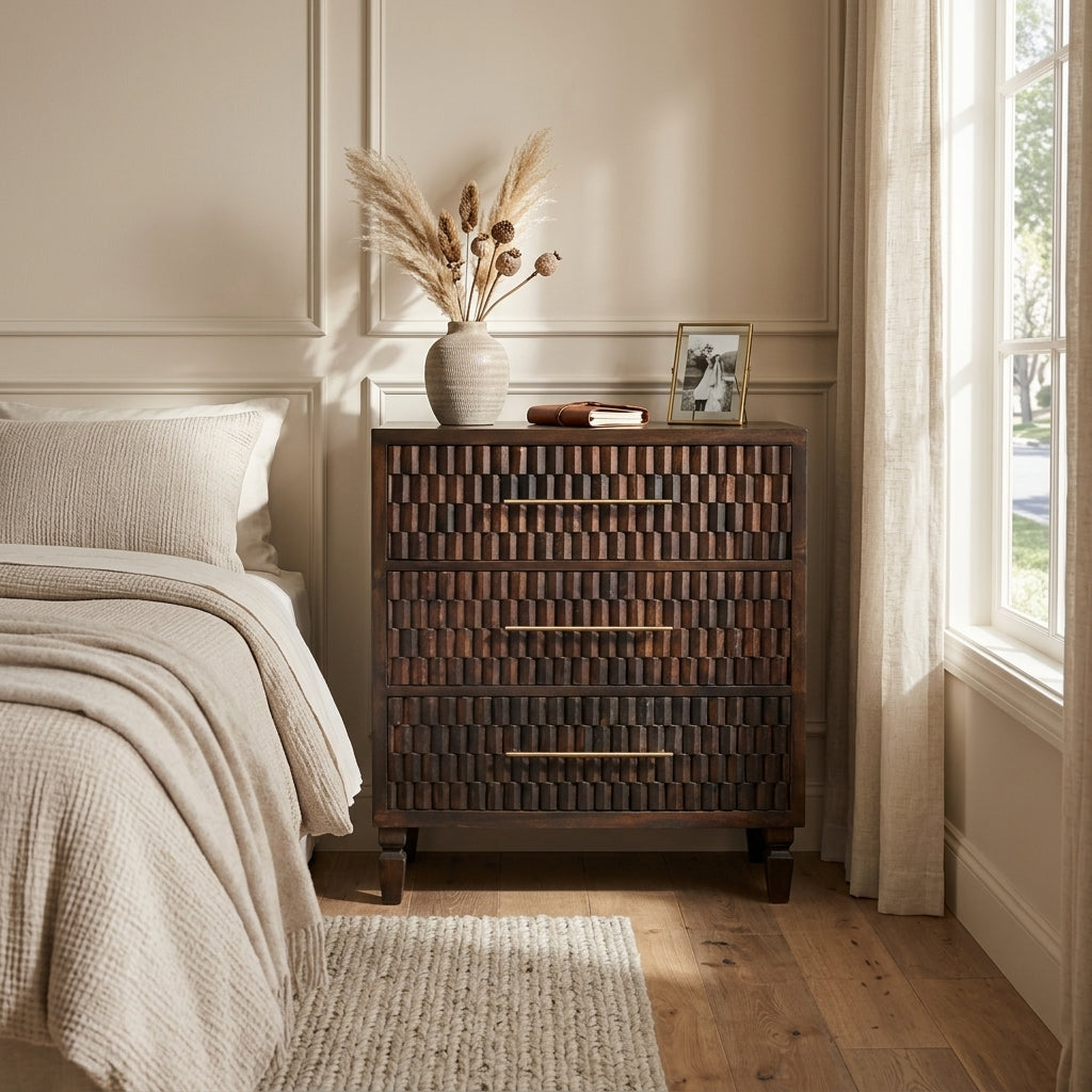 Solid Wood Velvet Mocha Carved Drawer Chest