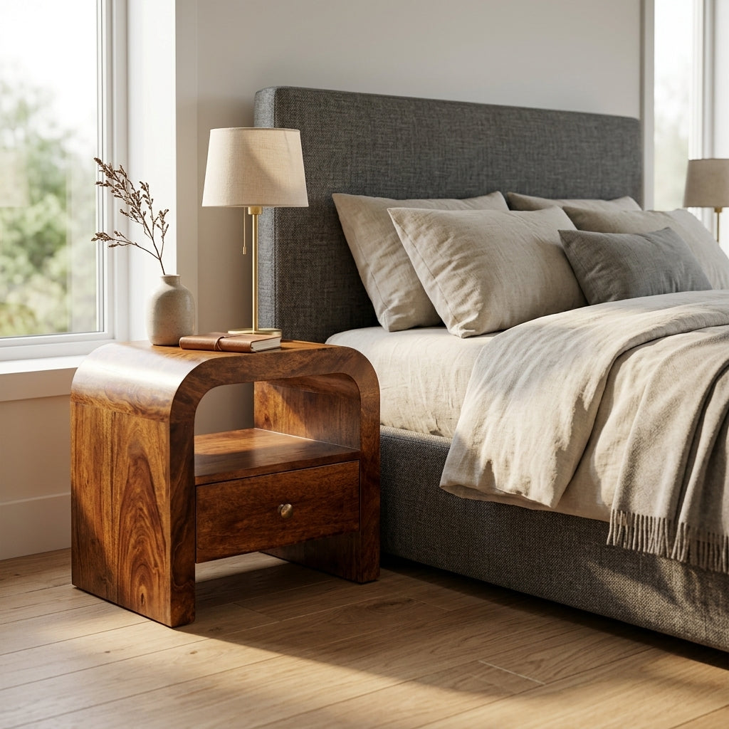 Solid Wood Chestnut Nightstand with Drawer and open shelf