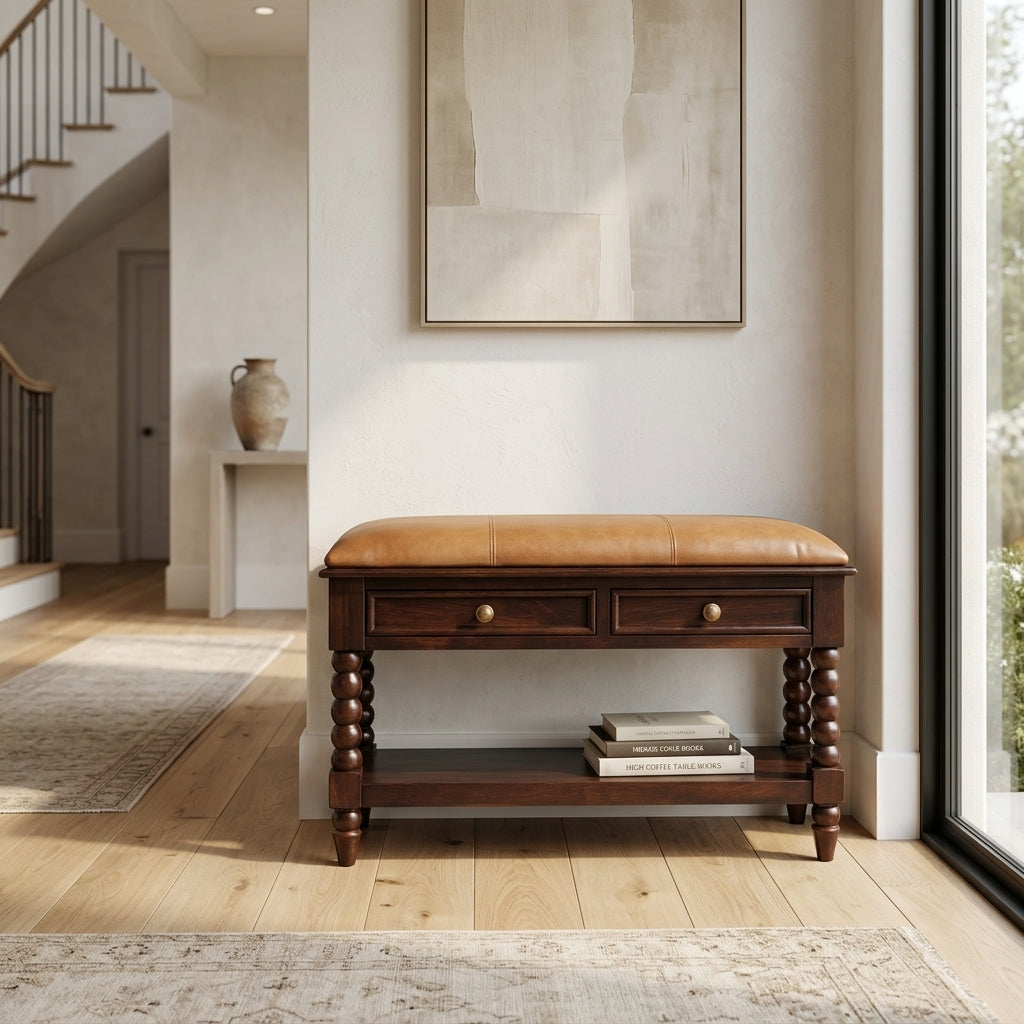 Solid Wood Winewood Oak Leather Bench