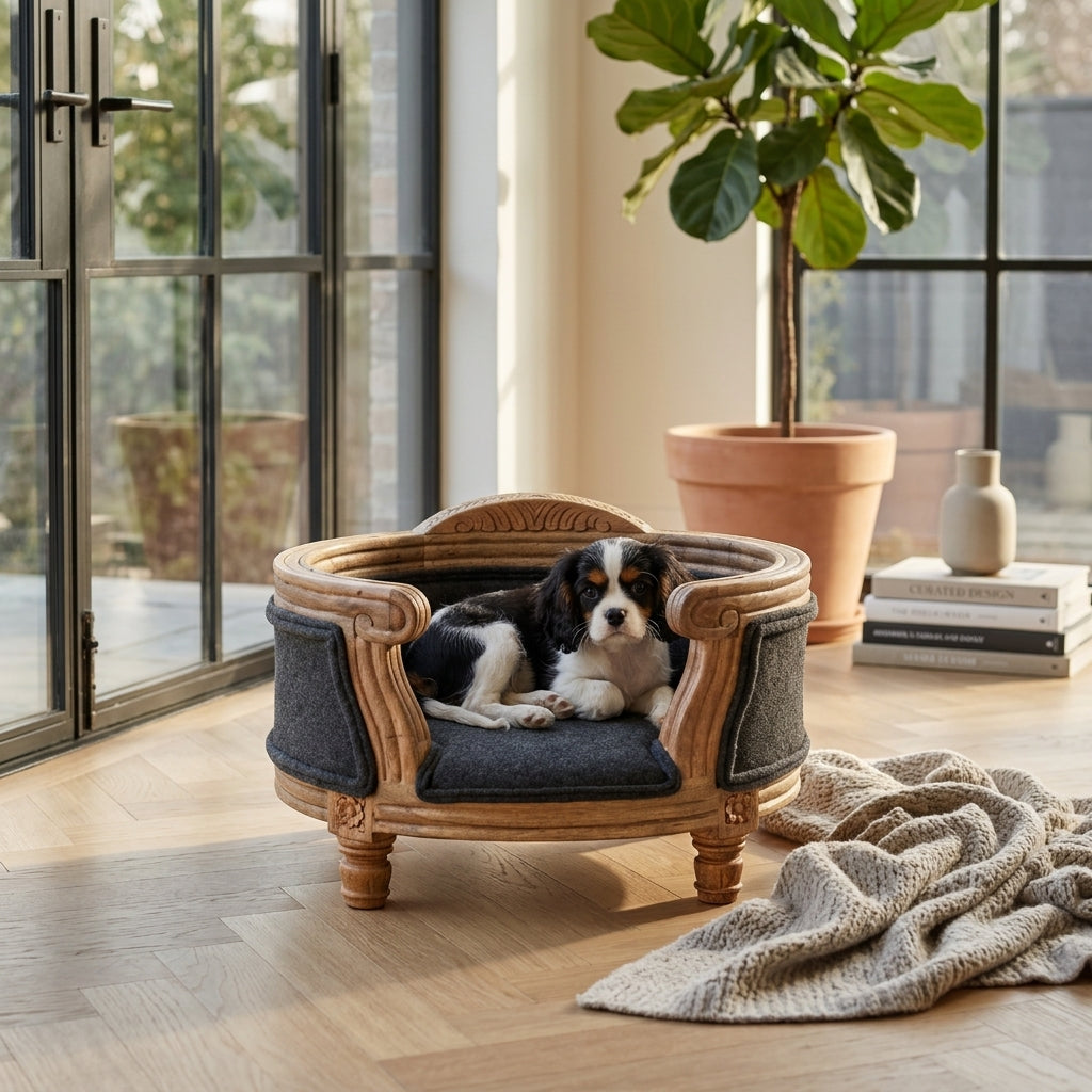 Carved Battleship Tweed Pet Bed