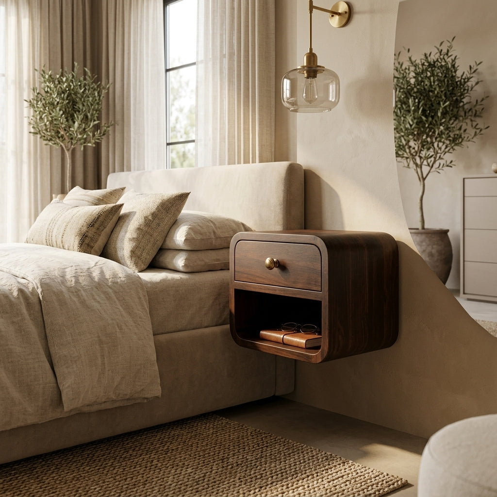 Mini Curved California Walnut Wall Mounted Bedside with Open Slot