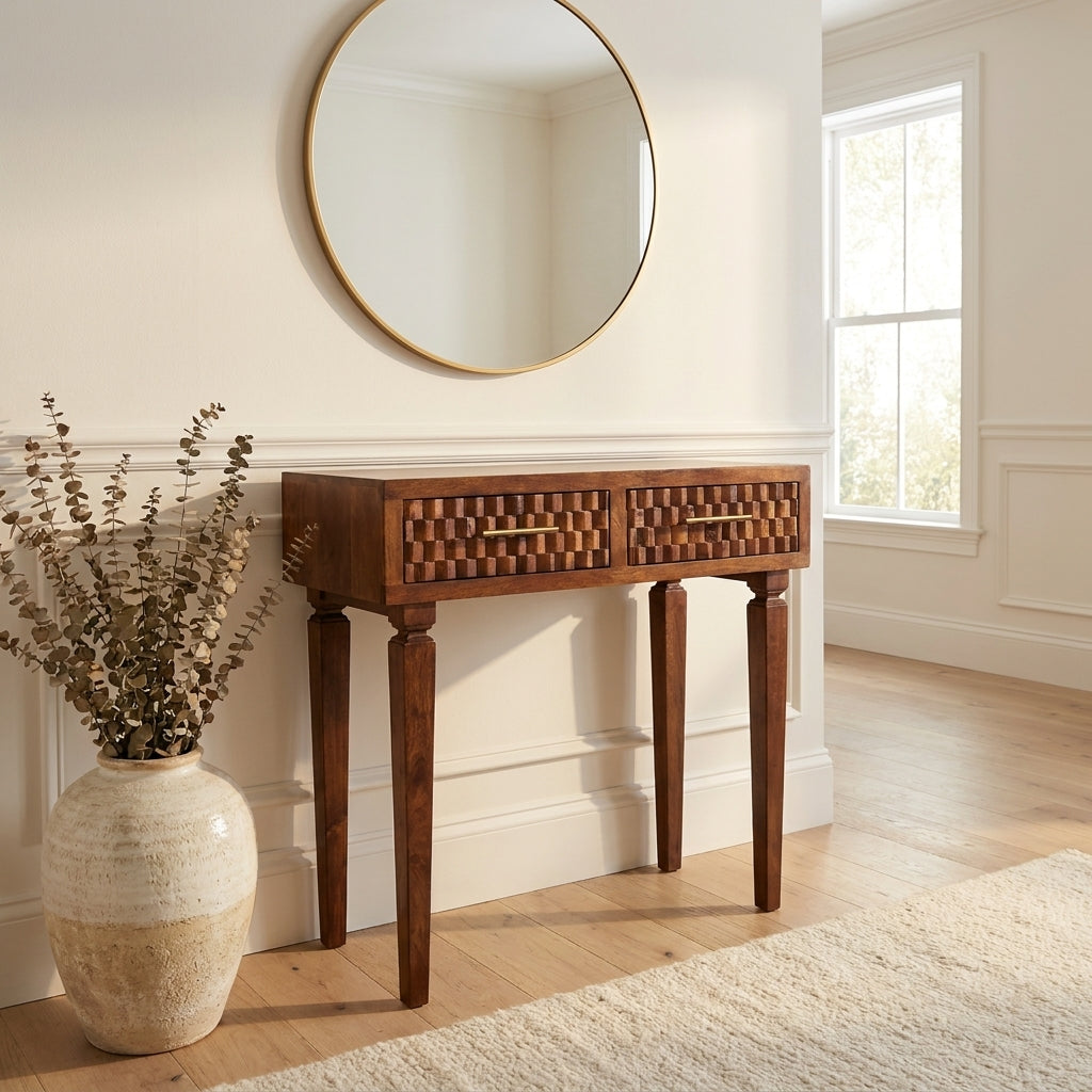 Solid Wood Chestnut Carved Console Table