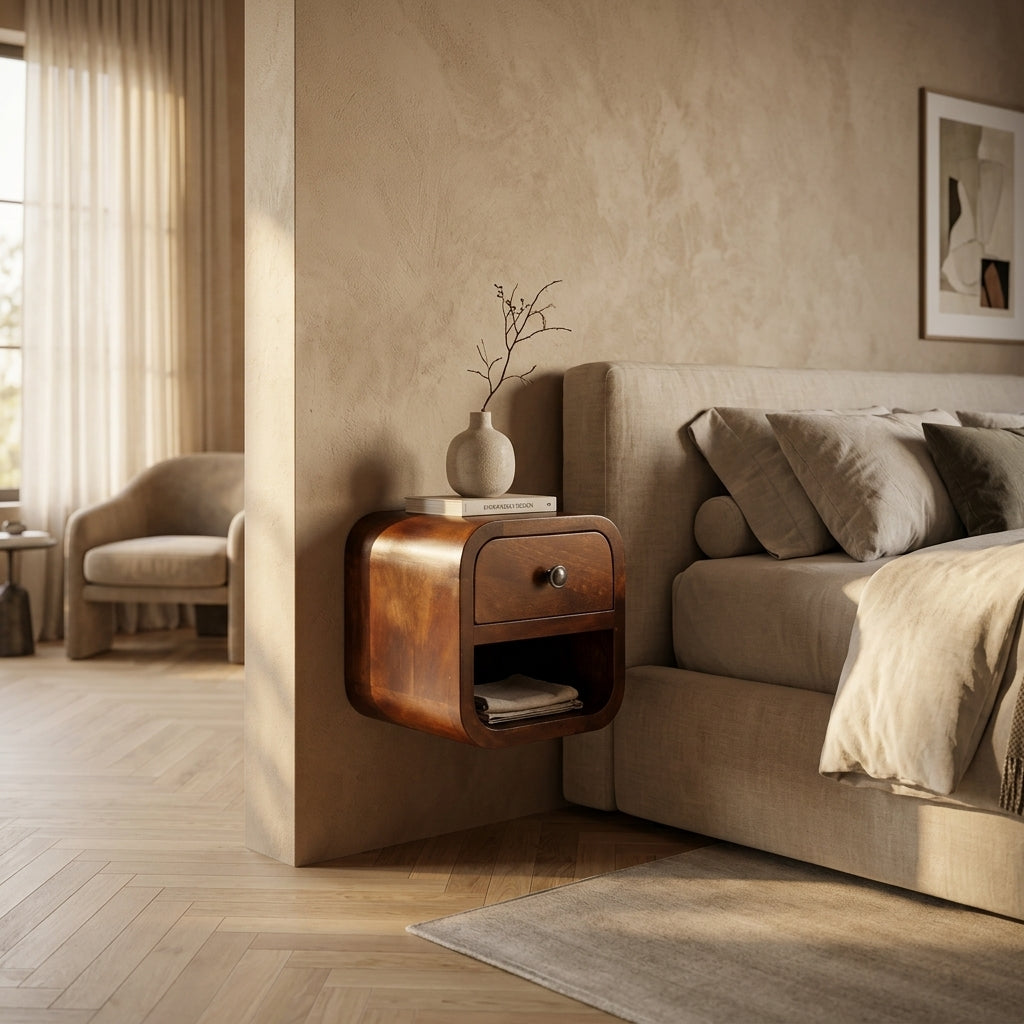 Extra Mini Curved Chestnut Bedside with Open Slot