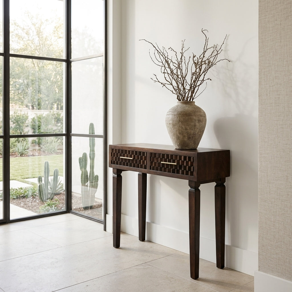 Solid Wood Velvet Mocha Carved Slim Console