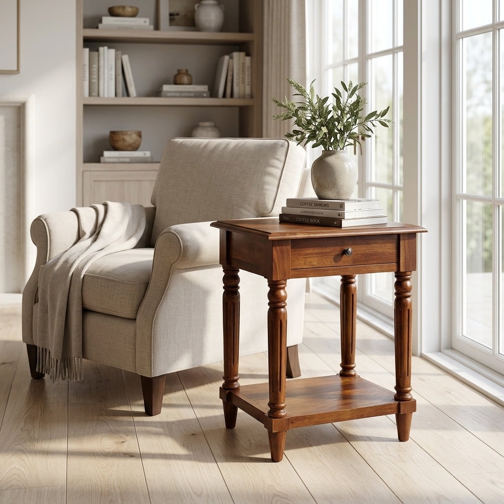 Turned Legs Chestnut 1 Drawer Side Table