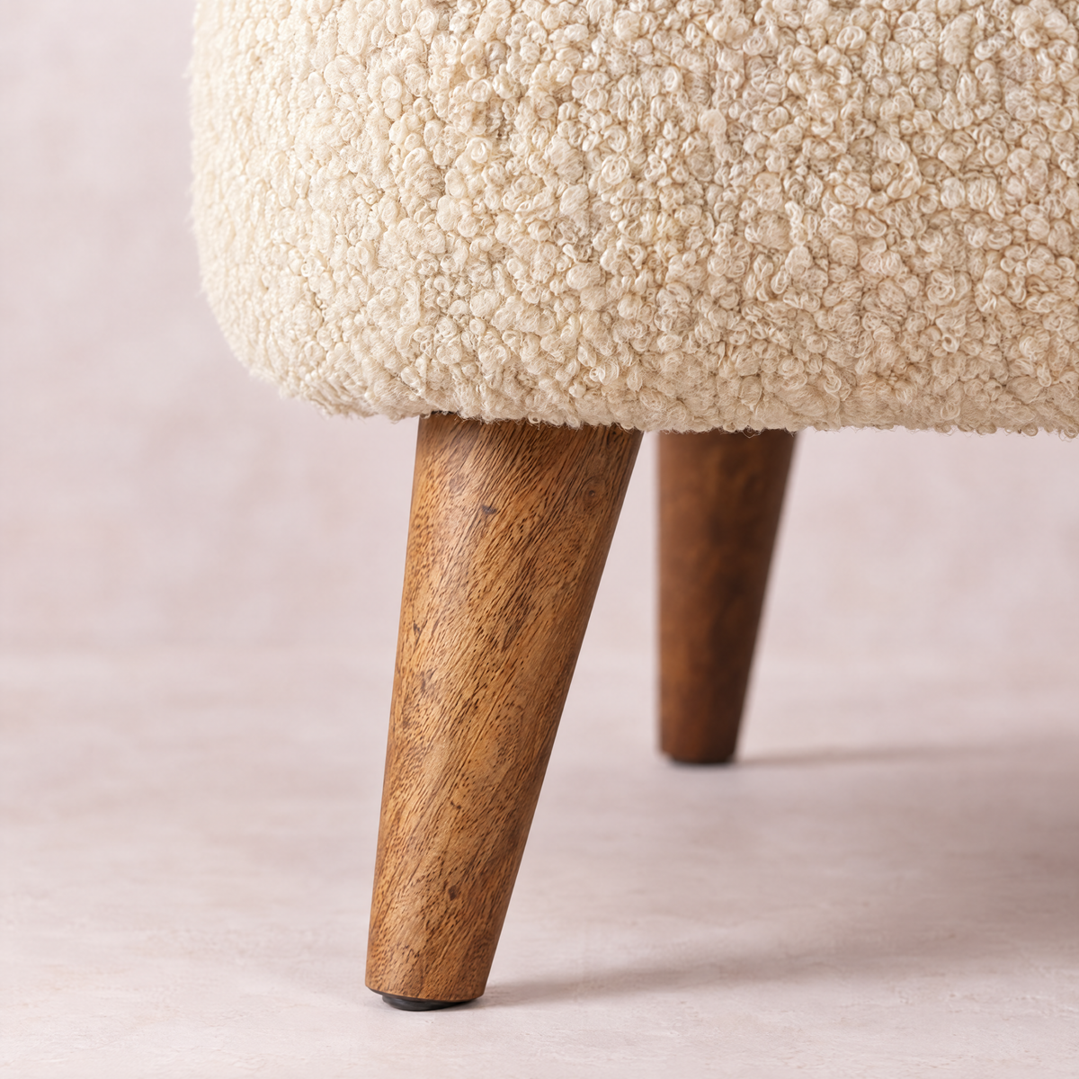 Cream Bouclé Square Footstool with Solid Wood Legs