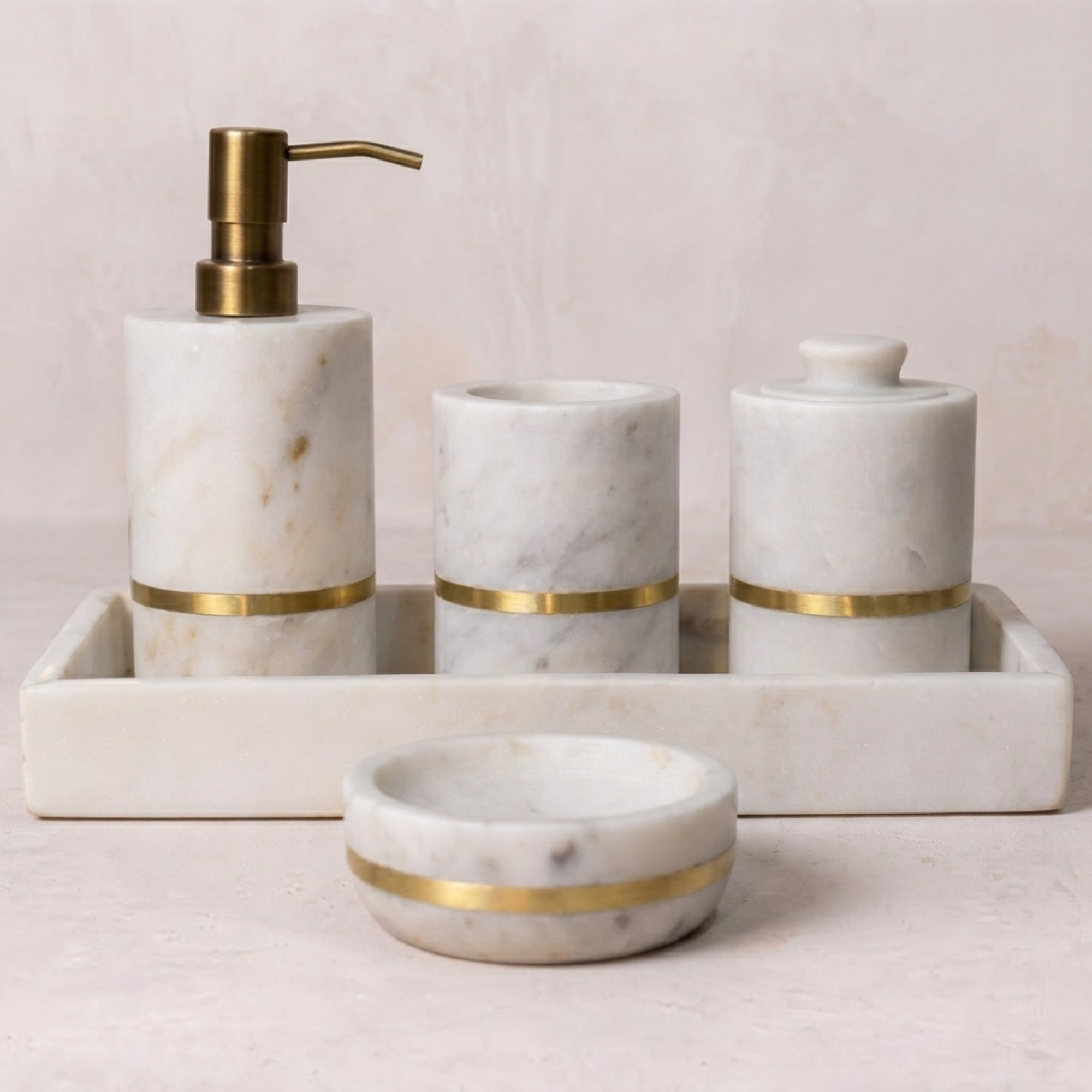 Brass Inlay and Marble Bathroom Set of 5