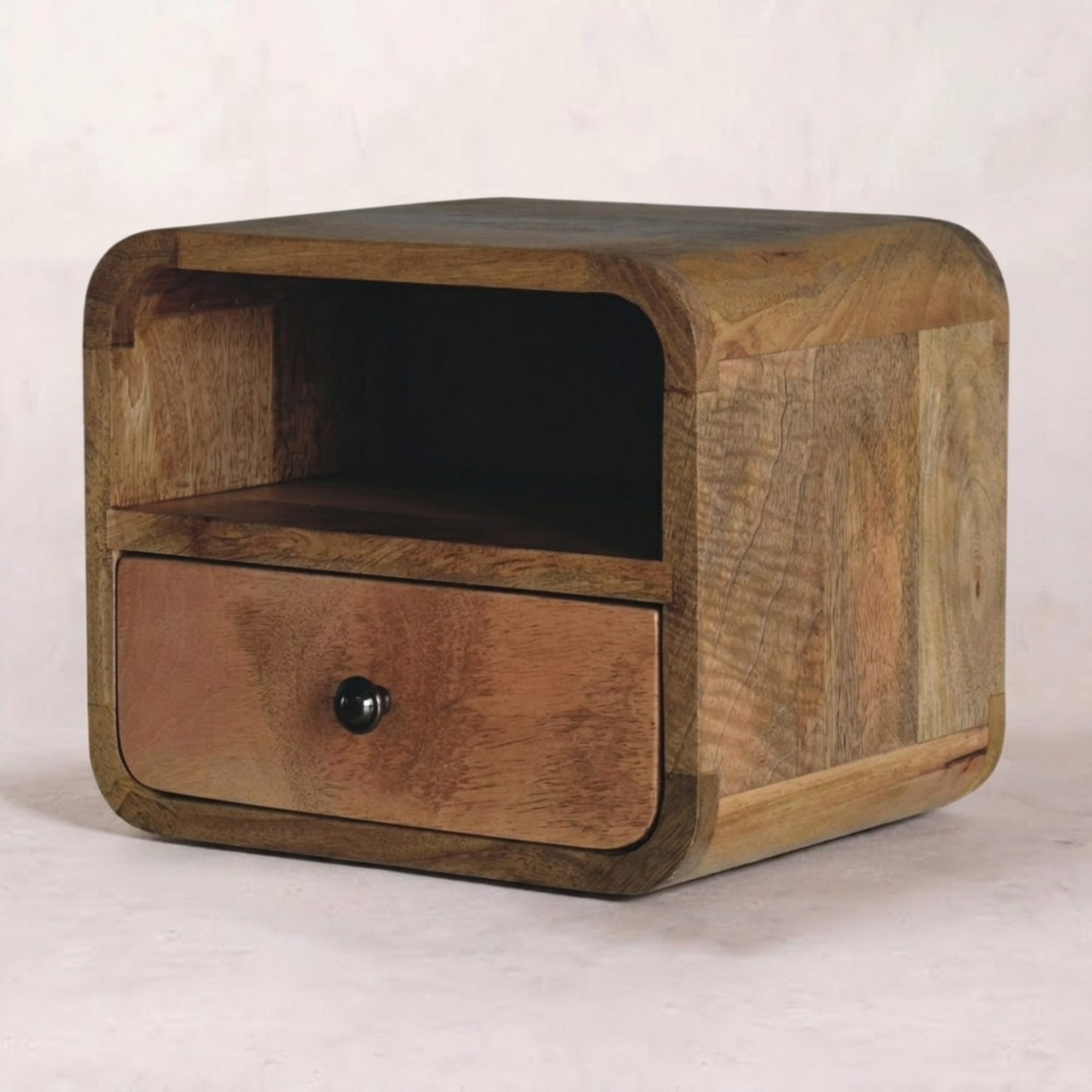 Extra Mini Wall Mounted Curved Oak-ish Bedside with Open Slot