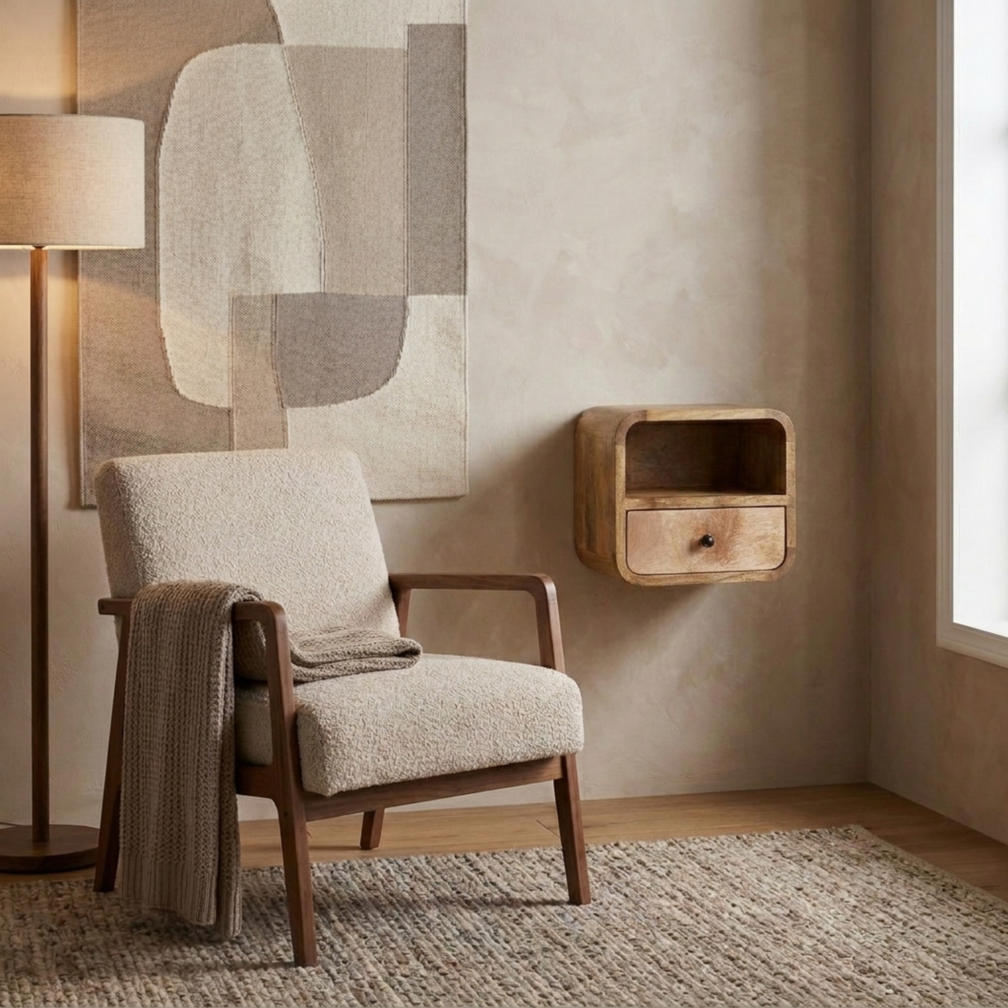 Extra Mini Wall Mounted Curved Oak-ish Bedside with Open Slot