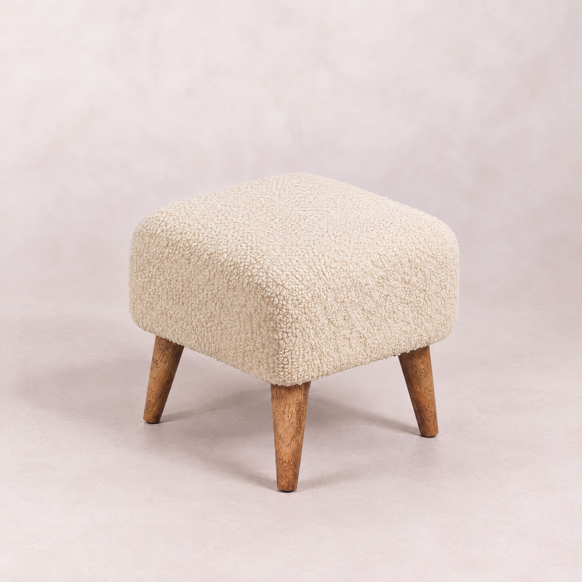 Cream Bouclé Square Footstool with Solid Wood Legs