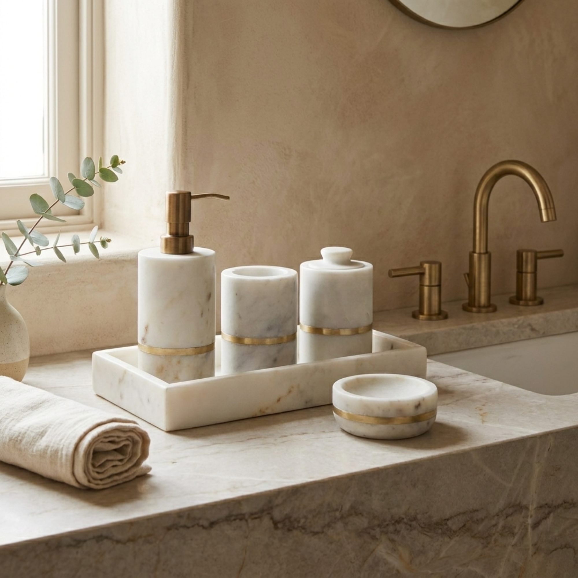 Brass Inlay and Marble Bathroom Set of 5