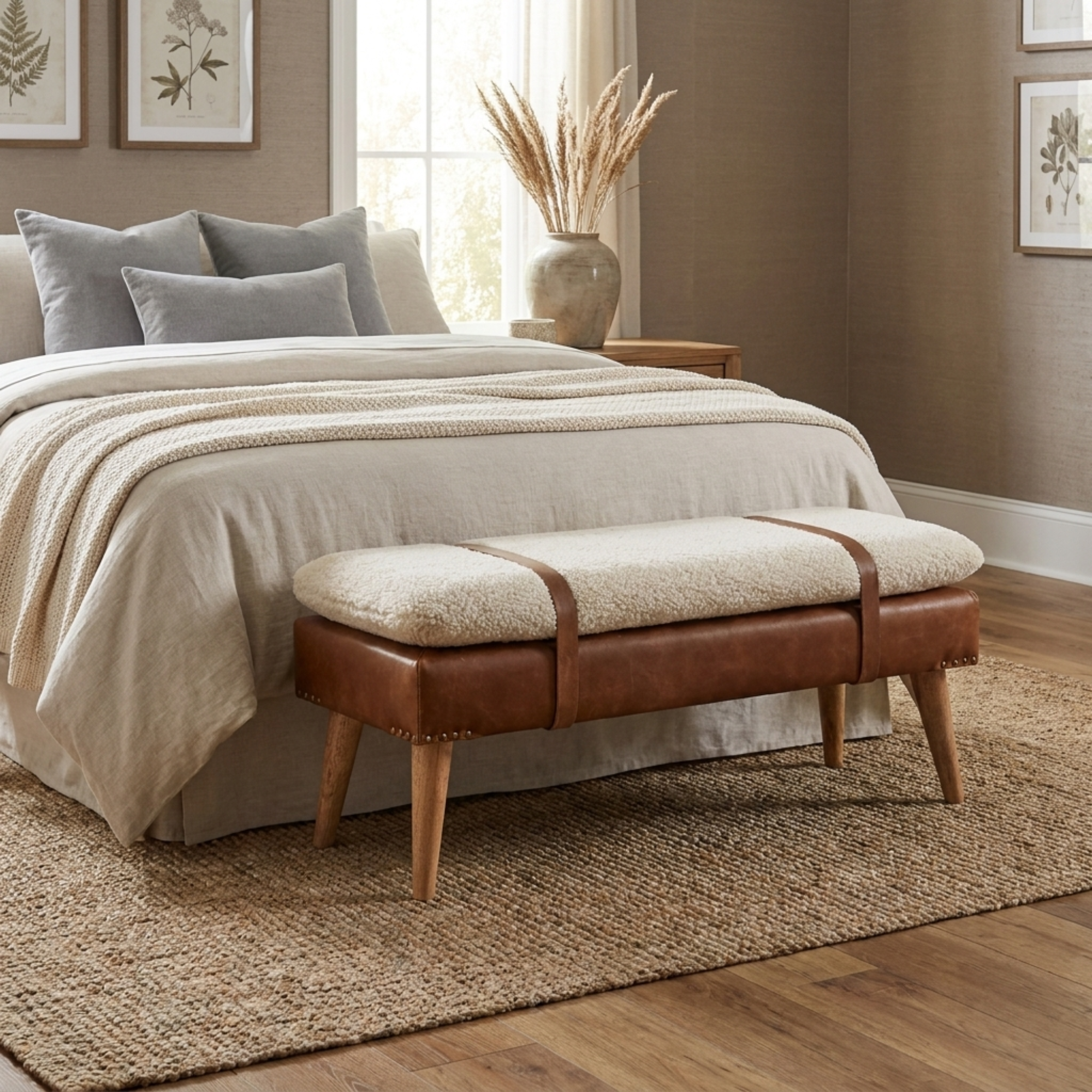 Boucle Buffalo Hide Leather Bench