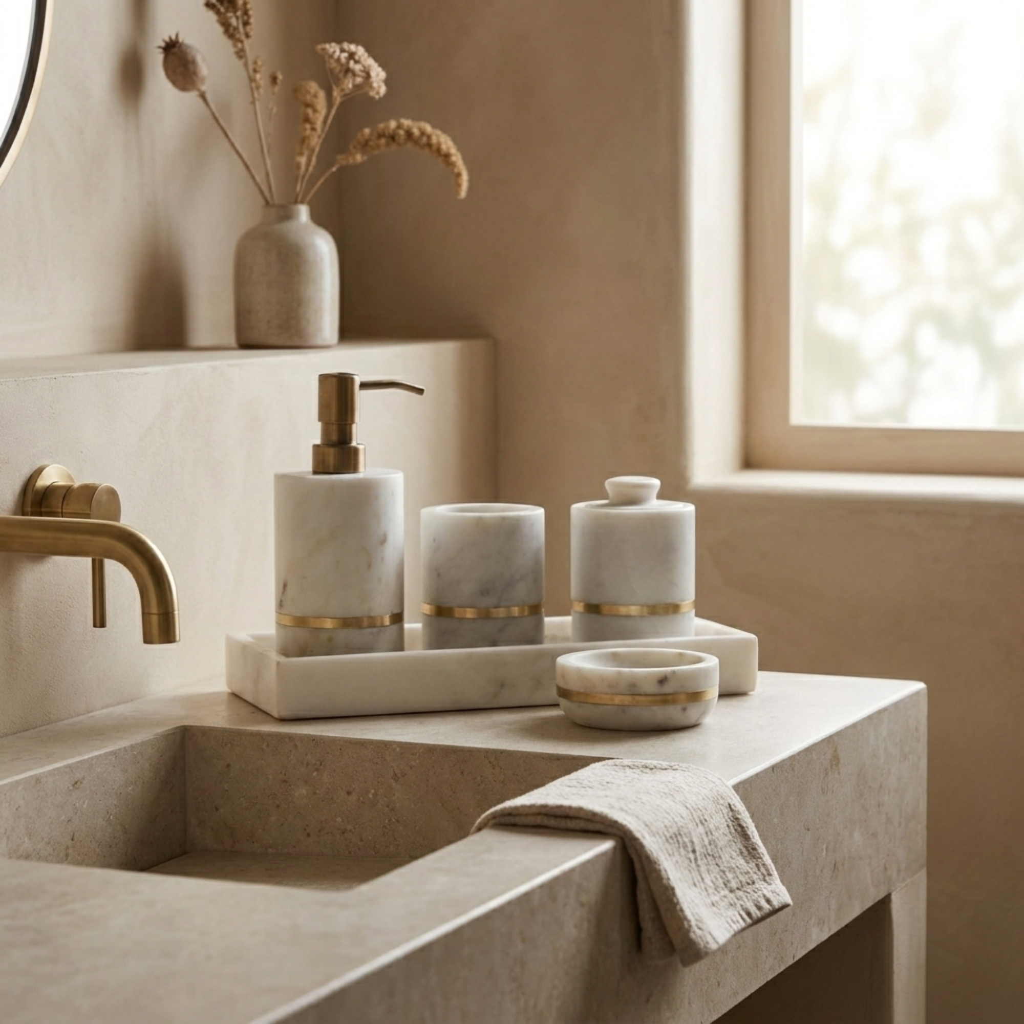 Brass Inlay and Marble Bathroom Set of 5