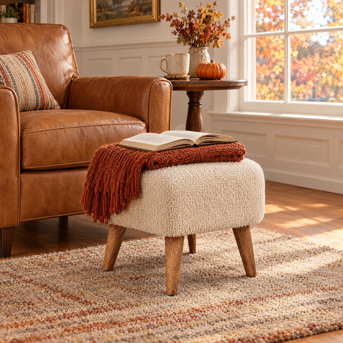Cream Bouclé Square Footstool with Solid Wood Legs – Custom (Grey Wash, Baroque Scroll Wheeled, Black) – view 1