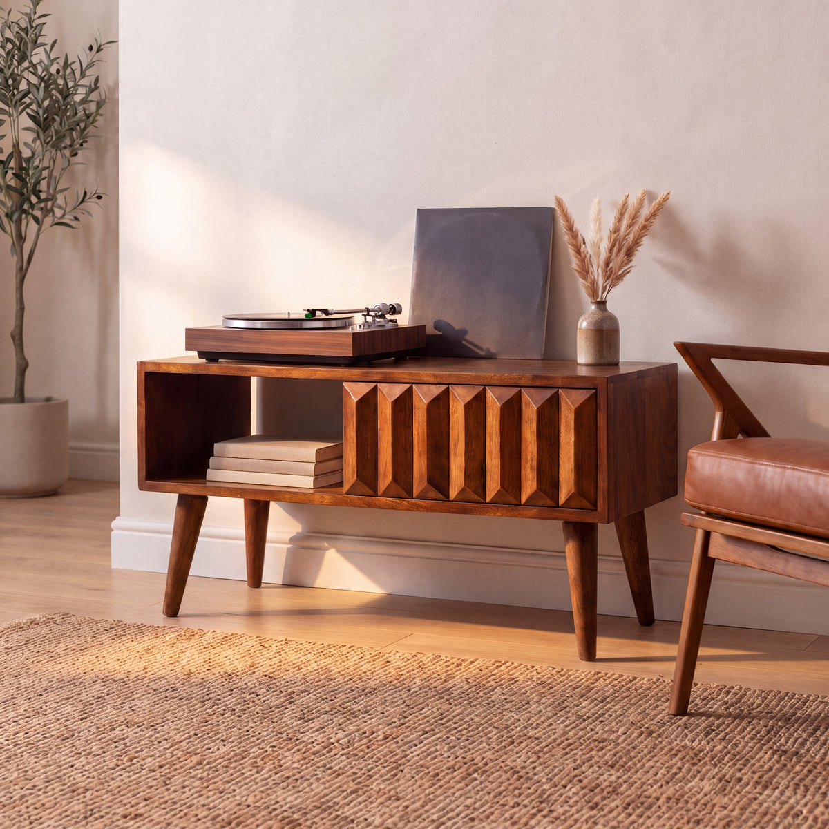 Chestnut Solid Wood Prism Sliding Media Unit