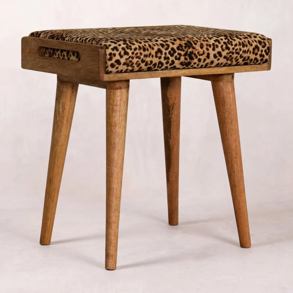 Oak-Ish Solid Wood Leopard Velvet Footstool