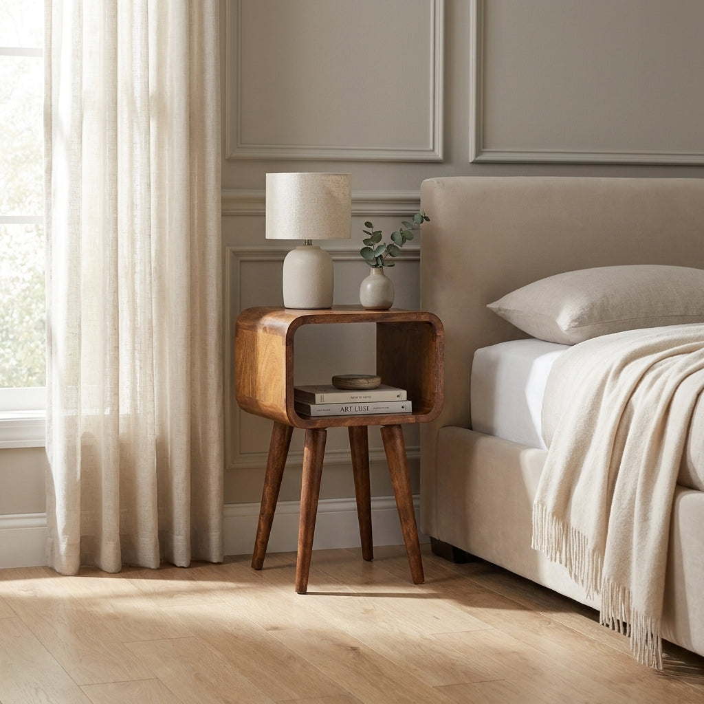 Honey Caramel Solid Wood Mini Curved Open Nightstand