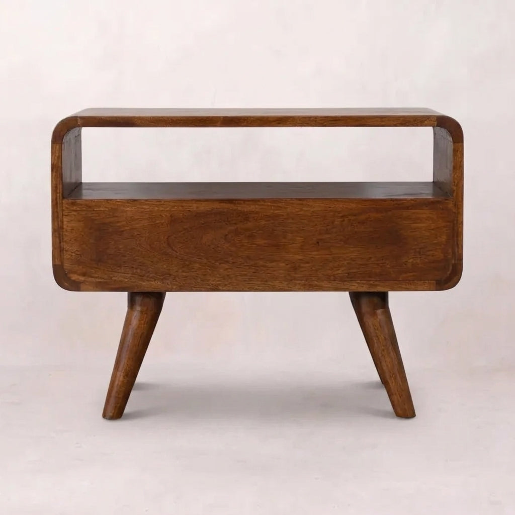 Chestnut Mini Solid Wood Curved Media Unit with 2 Drawers
