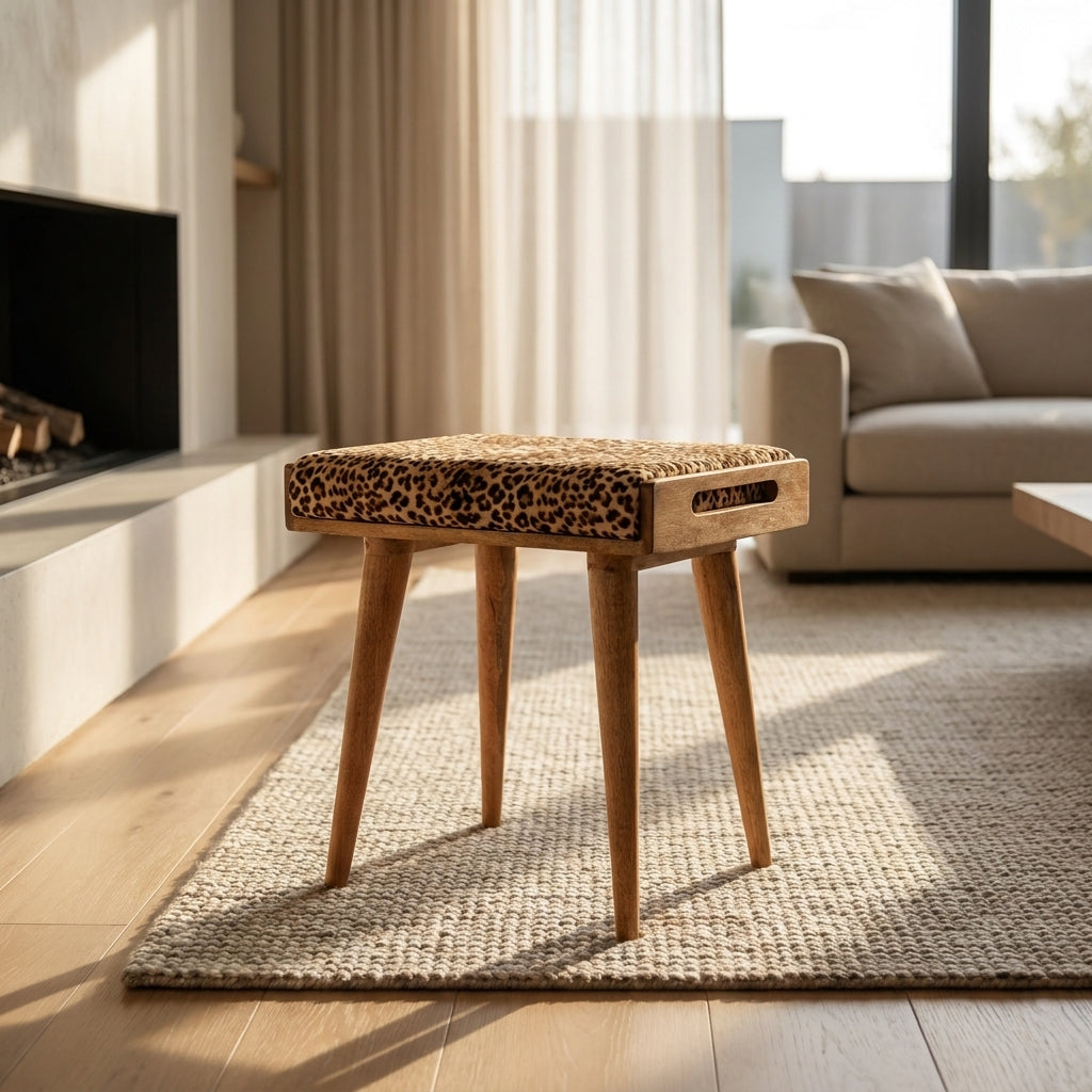Oak-Ish Solid Wood Leopard Velvet Footstool