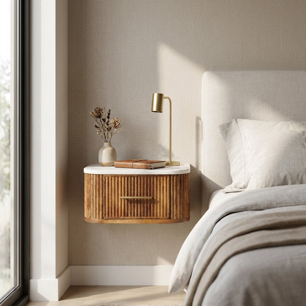 Golden Teak Solid Wood Marble Top Floating Nightstand