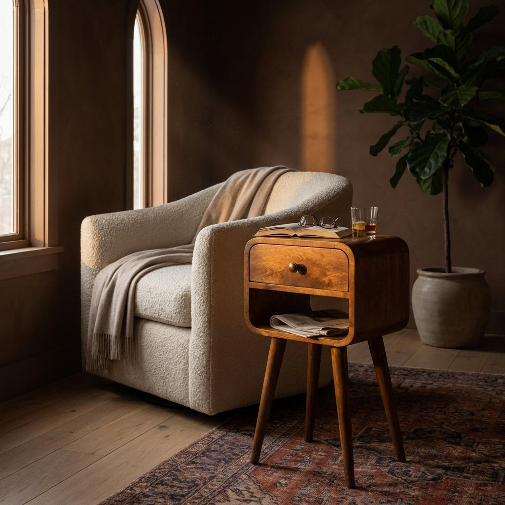 Mini Honey Caramel Curved Nightstand with Lower Slot