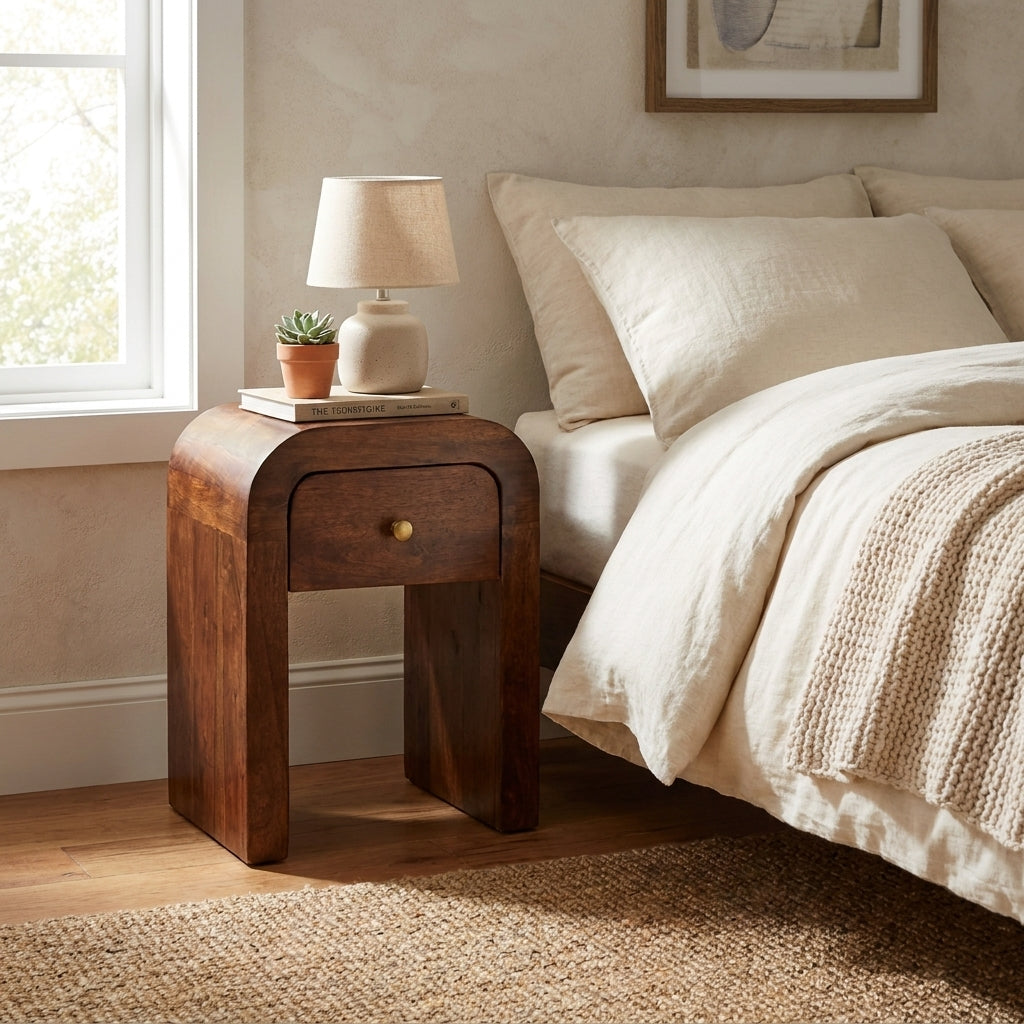 Roasted Almond Solid Wood Curved nightstand Table