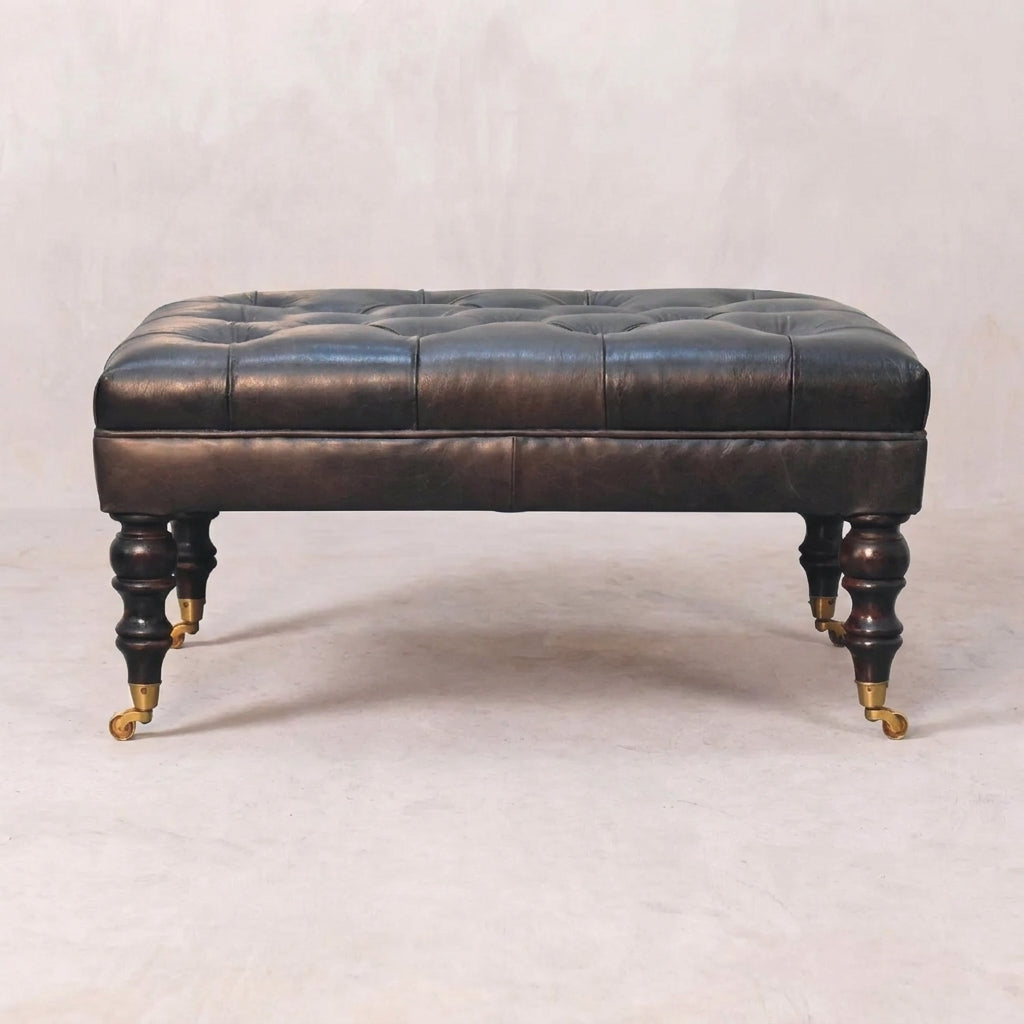 Walnut Solid Wood Black Leather Ottoman with Castor Legs