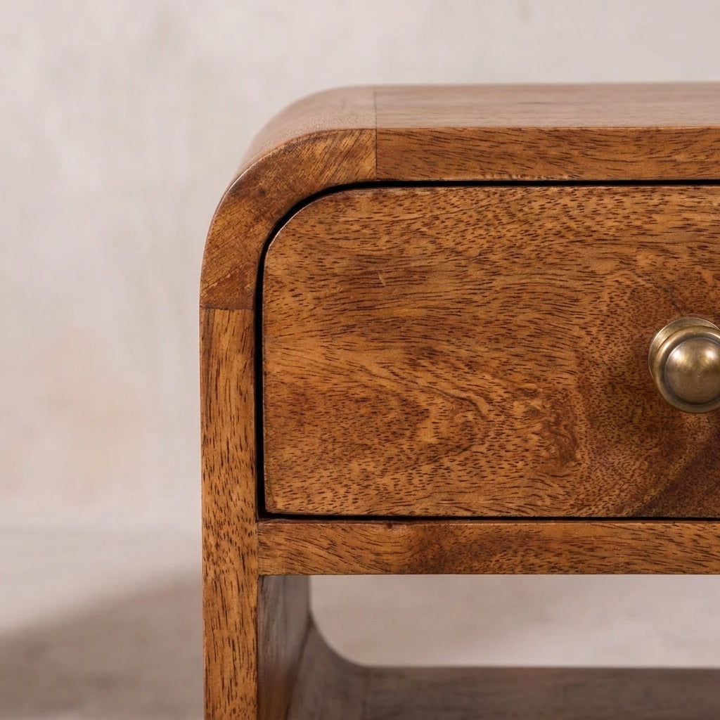 Mini Honey Caramel Curved Nightstand with Lower Slot