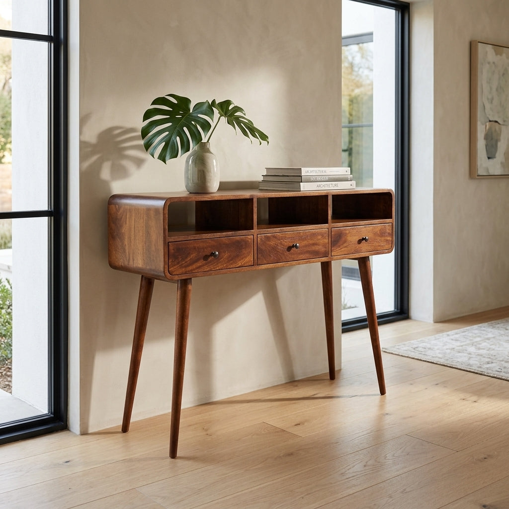 Triple Curved Chestnut Console Table