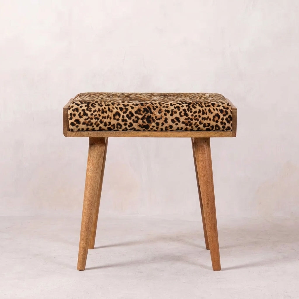 Oak-Ish Solid Wood Leopard Velvet Footstool