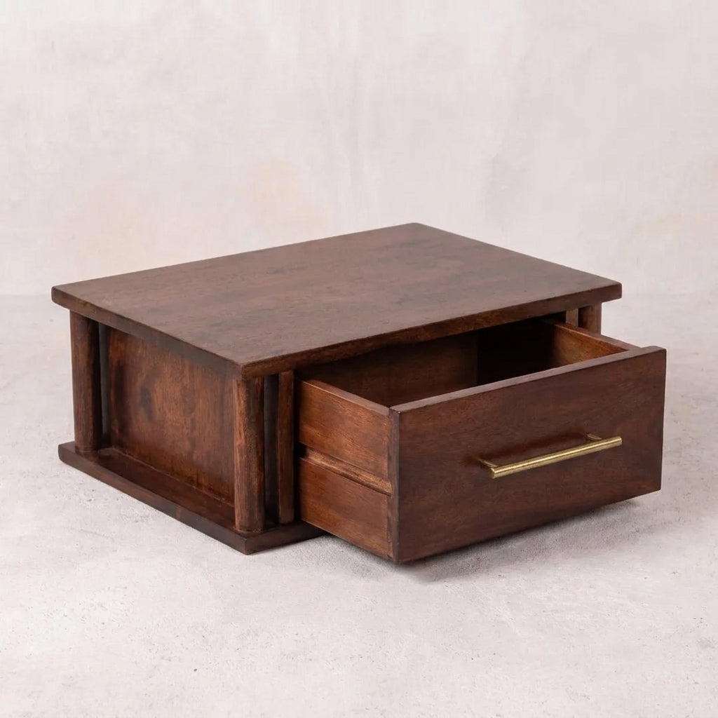 Wine Wood Oak Solid Wood Wall-Mounted Nightstand with Brass Handle