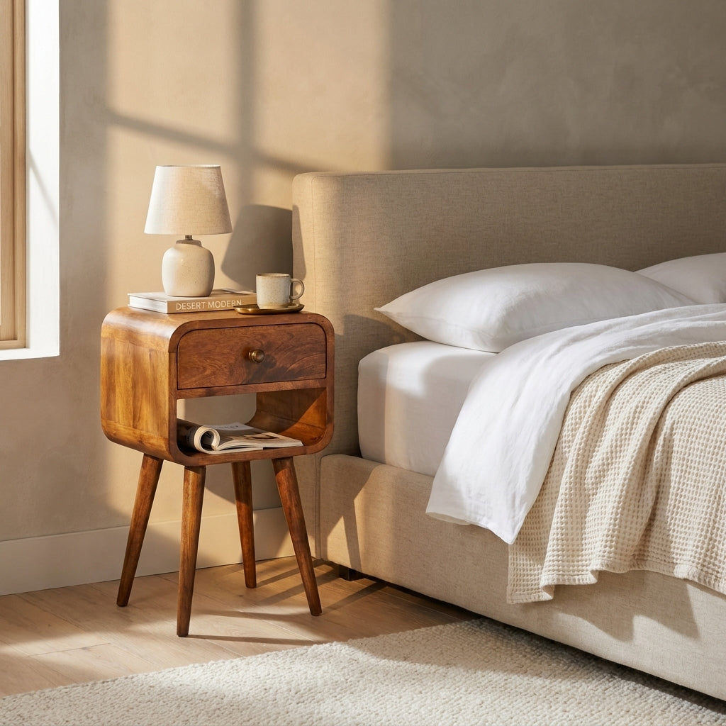 Mini Honey Caramel Curved Nightstand with Lower Slot