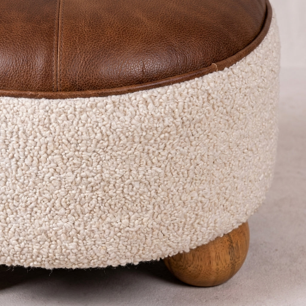 Oak-Ish Solid Wood Cream Boucle Buffalo Footstool