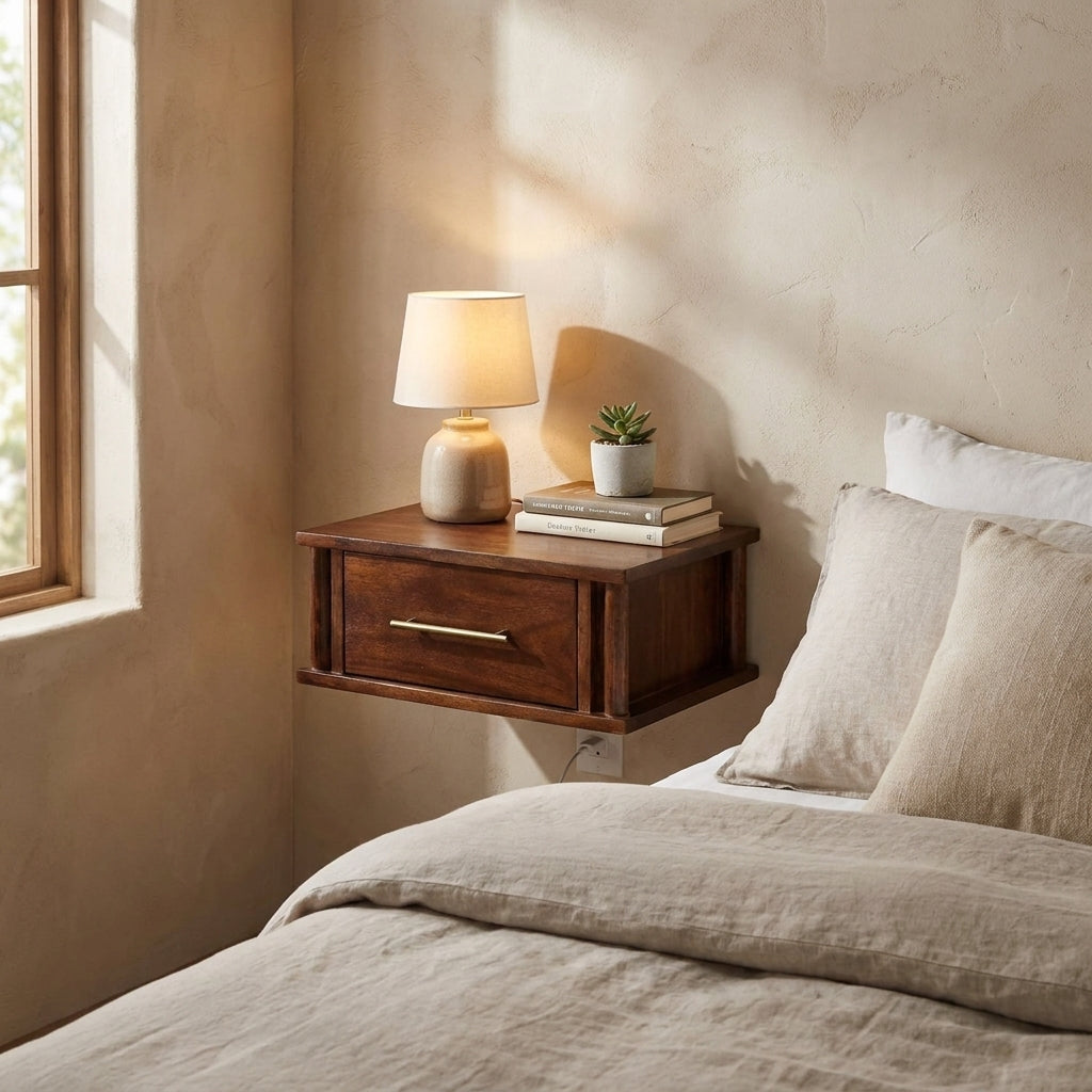 Wine Wood Oak Solid Wood Wall-Mounted Nightstand with Brass Handle