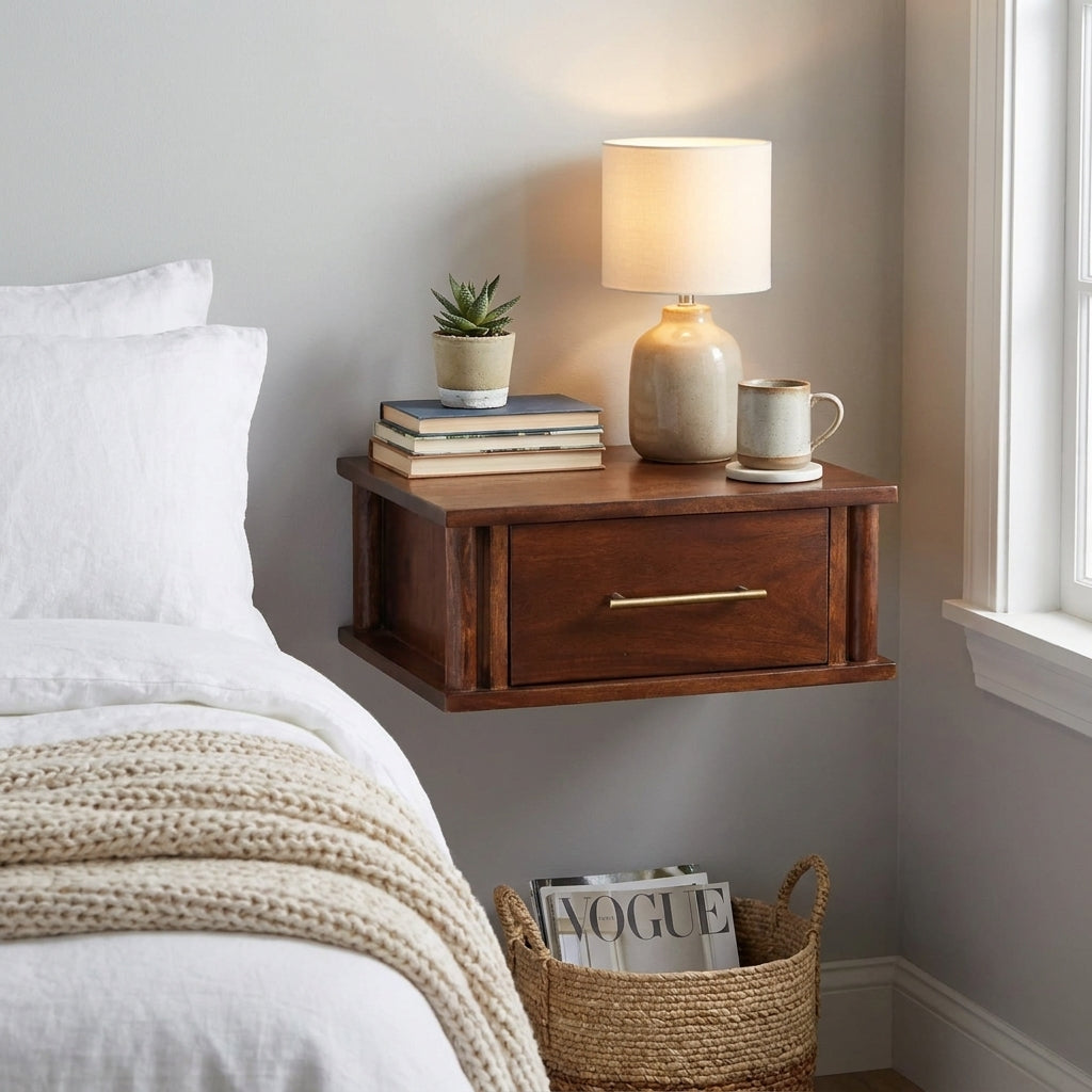 Wine Wood Oak Solid Wood Wall-Mounted Nightstand with Brass Handle