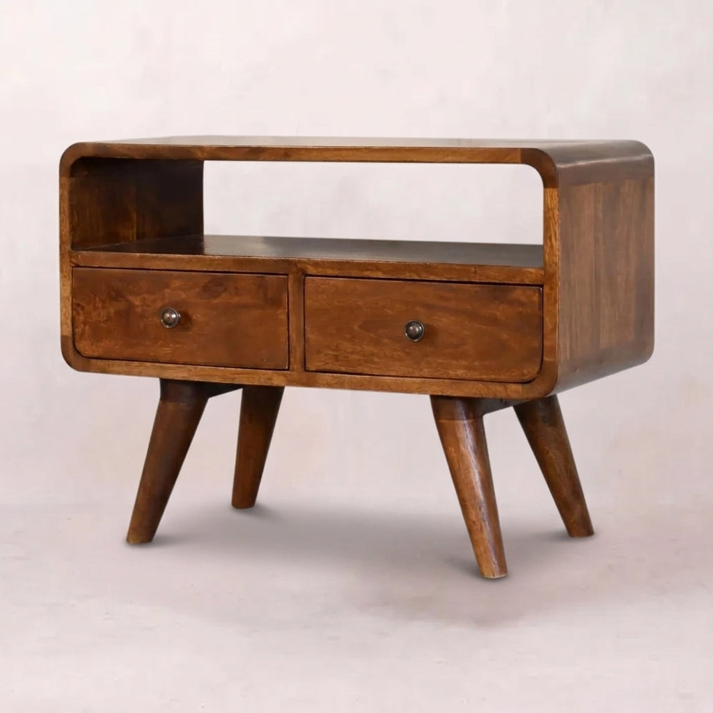 Chestnut Mini Solid Wood Curved Media Unit with 2 Drawers