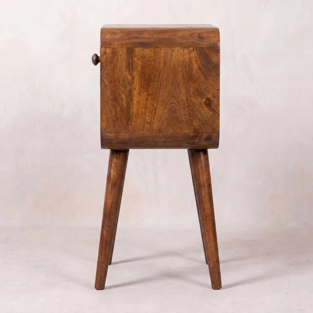 Mini Honey Caramel Curved Nightstand with Lower Slot