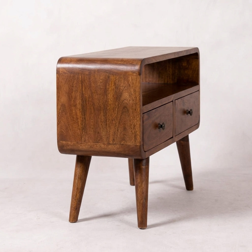 Chestnut Mini Solid Wood Curved Media Unit with 2 Drawers