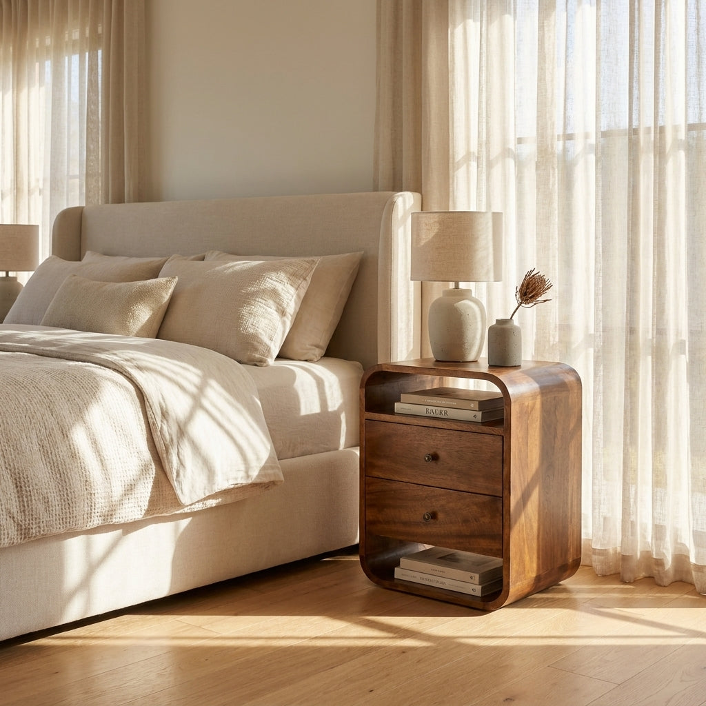 Chestnut Solid Wood Curve 2 Drawer Nightstand