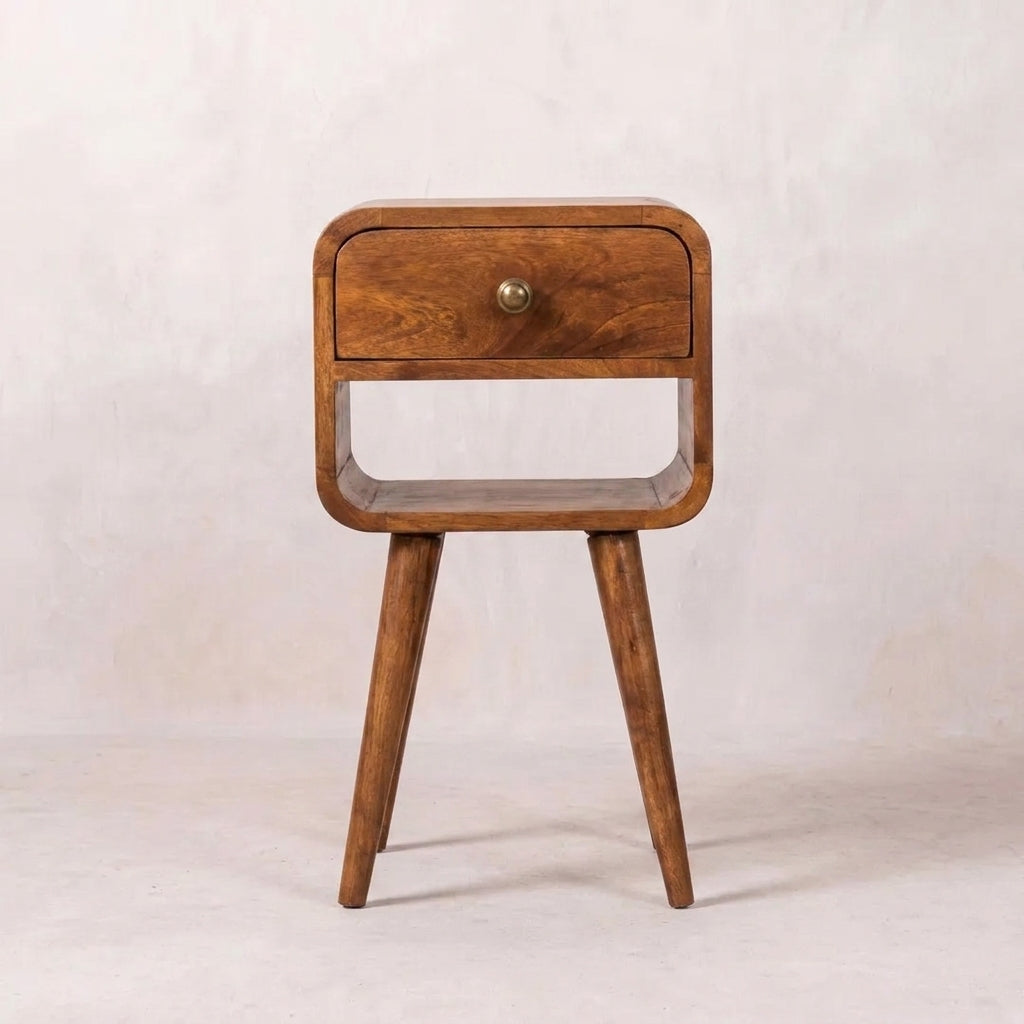 Mini Honey Caramel Curved Nightstand with Lower Slot