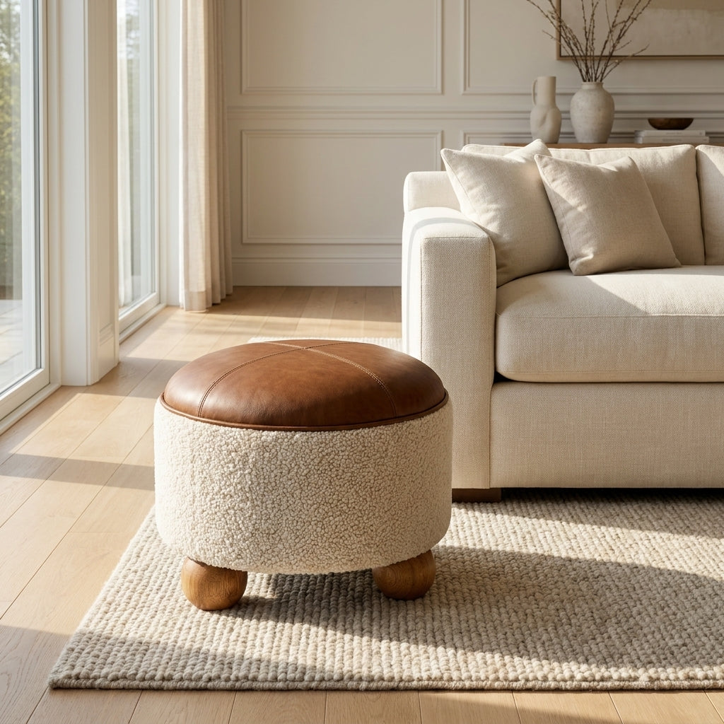 Oak-Ish Solid Wood Cream Boucle Buffalo Footstool