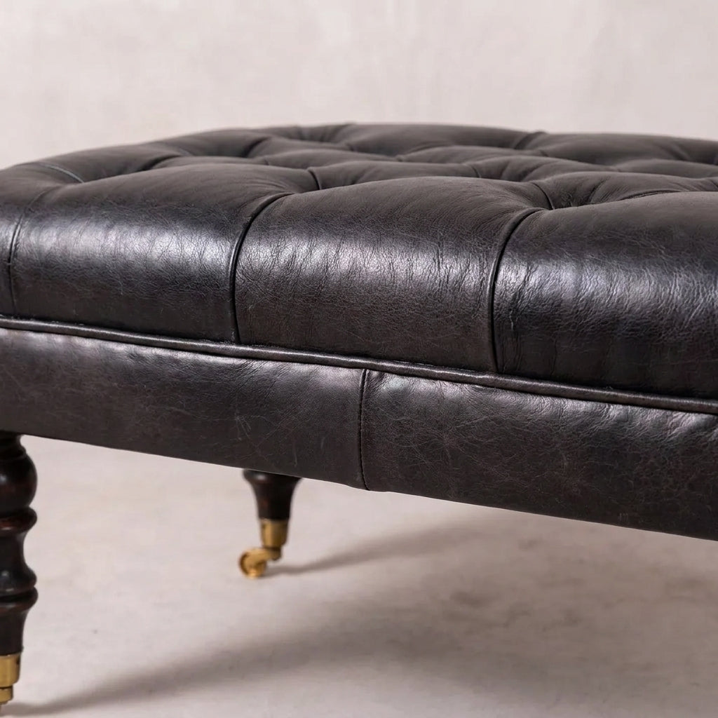 Walnut Solid Wood Black Leather Ottoman with Castor Legs