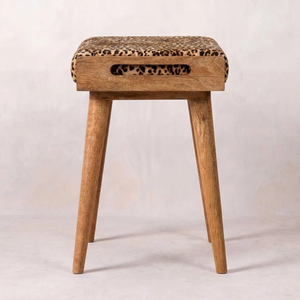 Oak-Ish Solid Wood Leopard Velvet Footstool