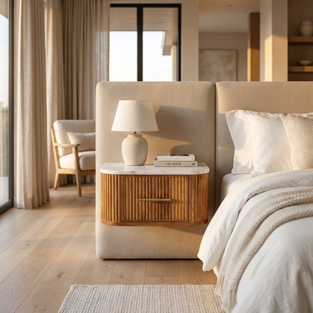 Golden Teak Solid Wood Marble Top Floating Nightstand