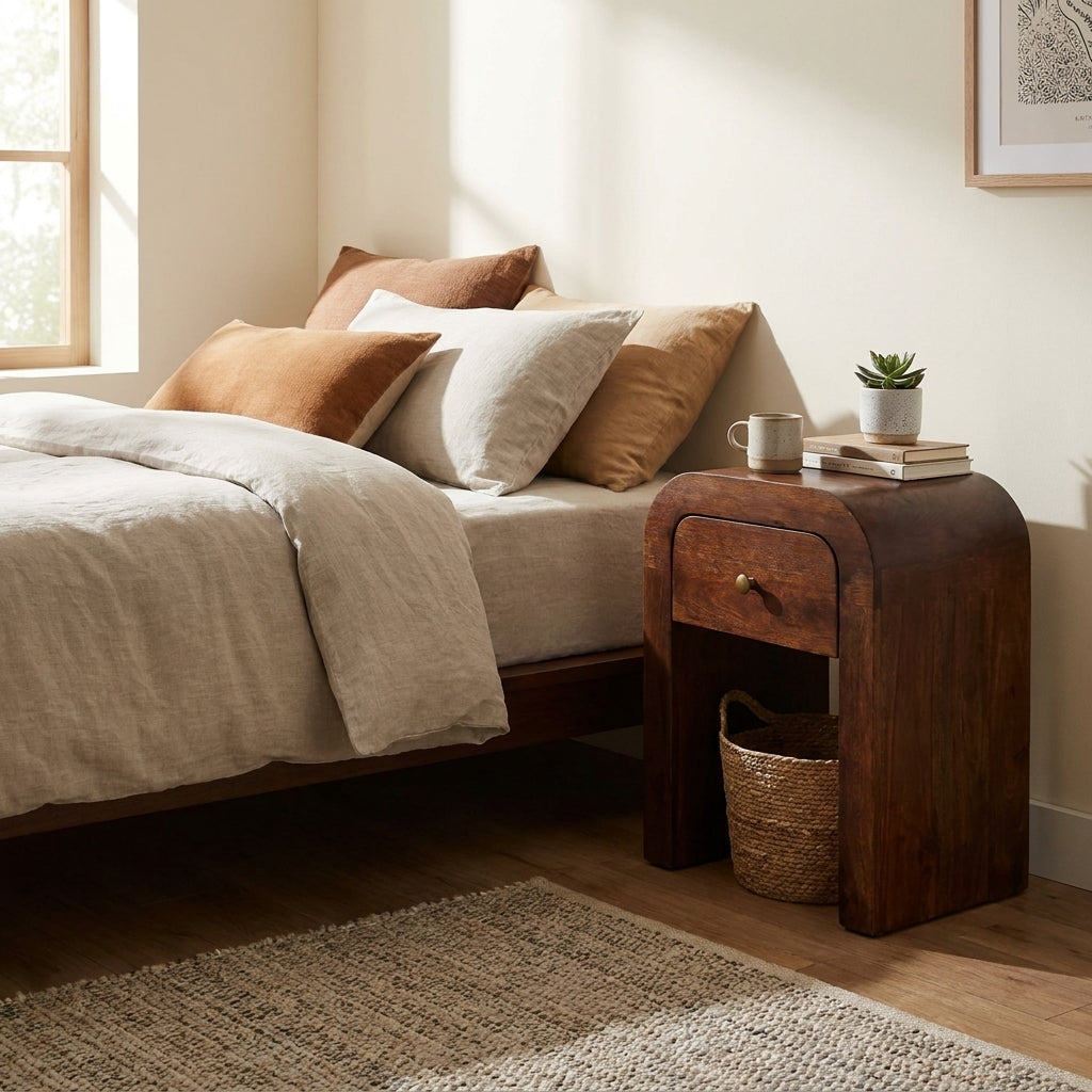 Roasted Almond Solid Wood Curved nightstand Table