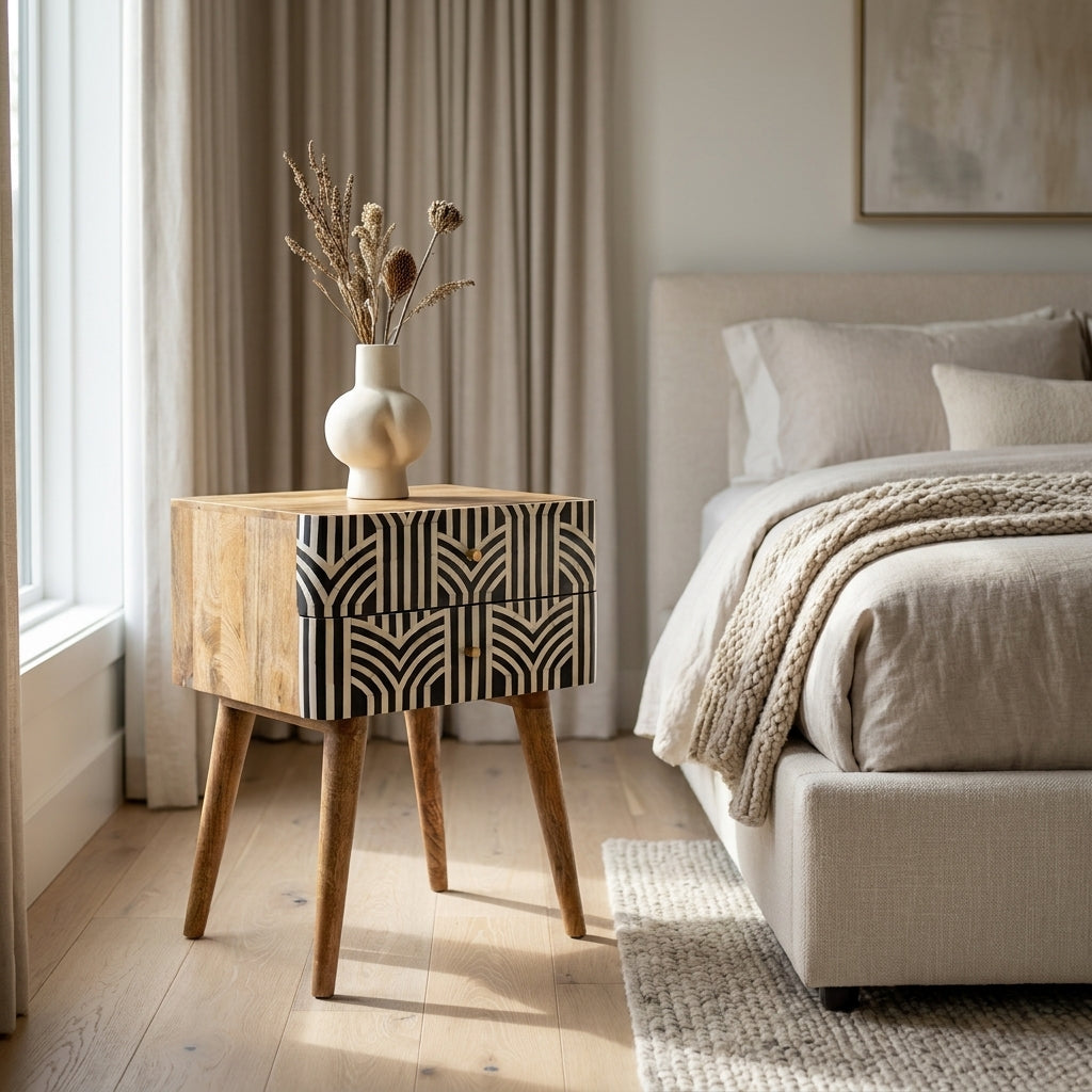 Oak-Ish Solid Wood Bone Inlay Nightstand