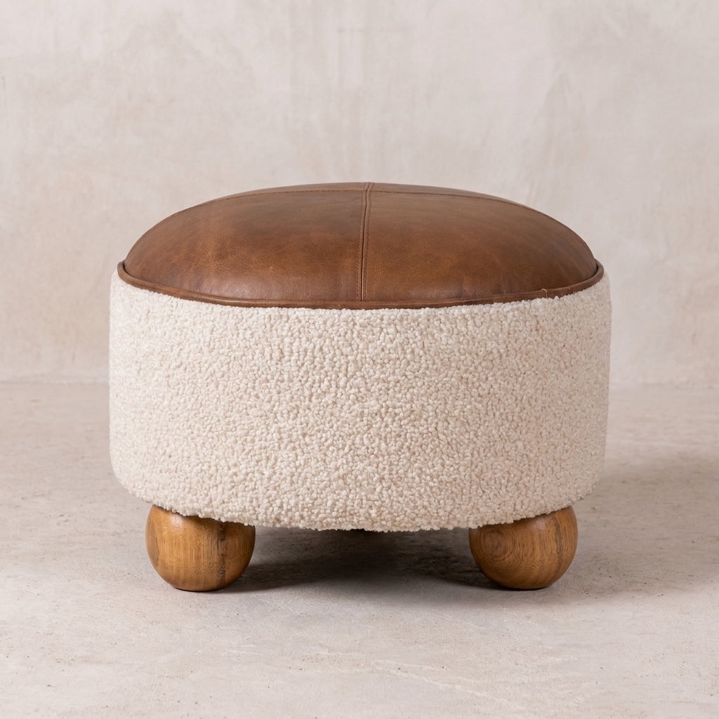 Oak-Ish Solid Wood Cream Boucle Buffalo Footstool