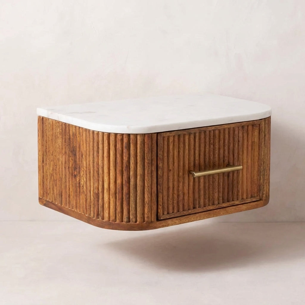 Golden Teak Solid Wood Marble Top Floating Nightstand